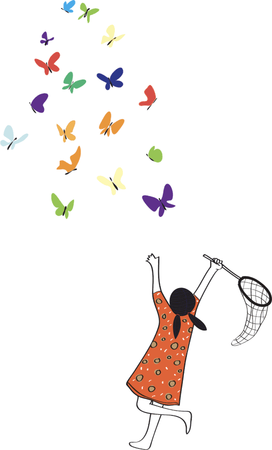 Illustrazione: una bambina con il retino e uno sciame di farfalle colorate